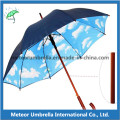 Wooden Shaft Straight Auto Open Cloudy Sky Inside Promotion Umbrella